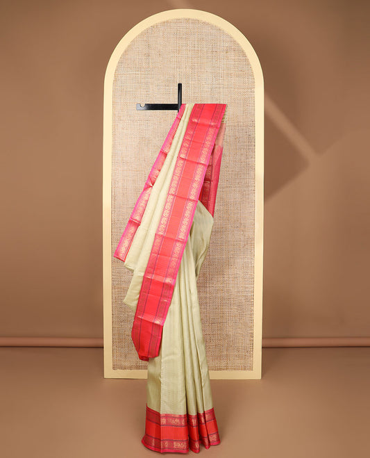 Sandal geometric design silk saree with contrast rettai pettu zari design border & zari design pallu