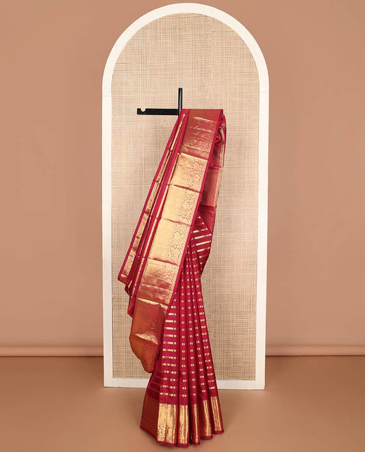 Red striped silk saree with self border of kuyil kann, muthu design & argyle design pallu