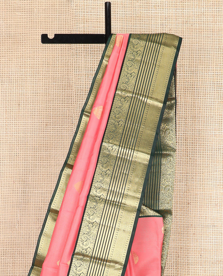 Pink Vasundhara Silk Saree Embellished with Zari Buttas and Stripes, Complemented by a Contrast Border of Rekku, Banaras, and Mayil Kann Designs, Pallu Gleamed Up with Intricate Designs, and Paired with a Contrast Blouse