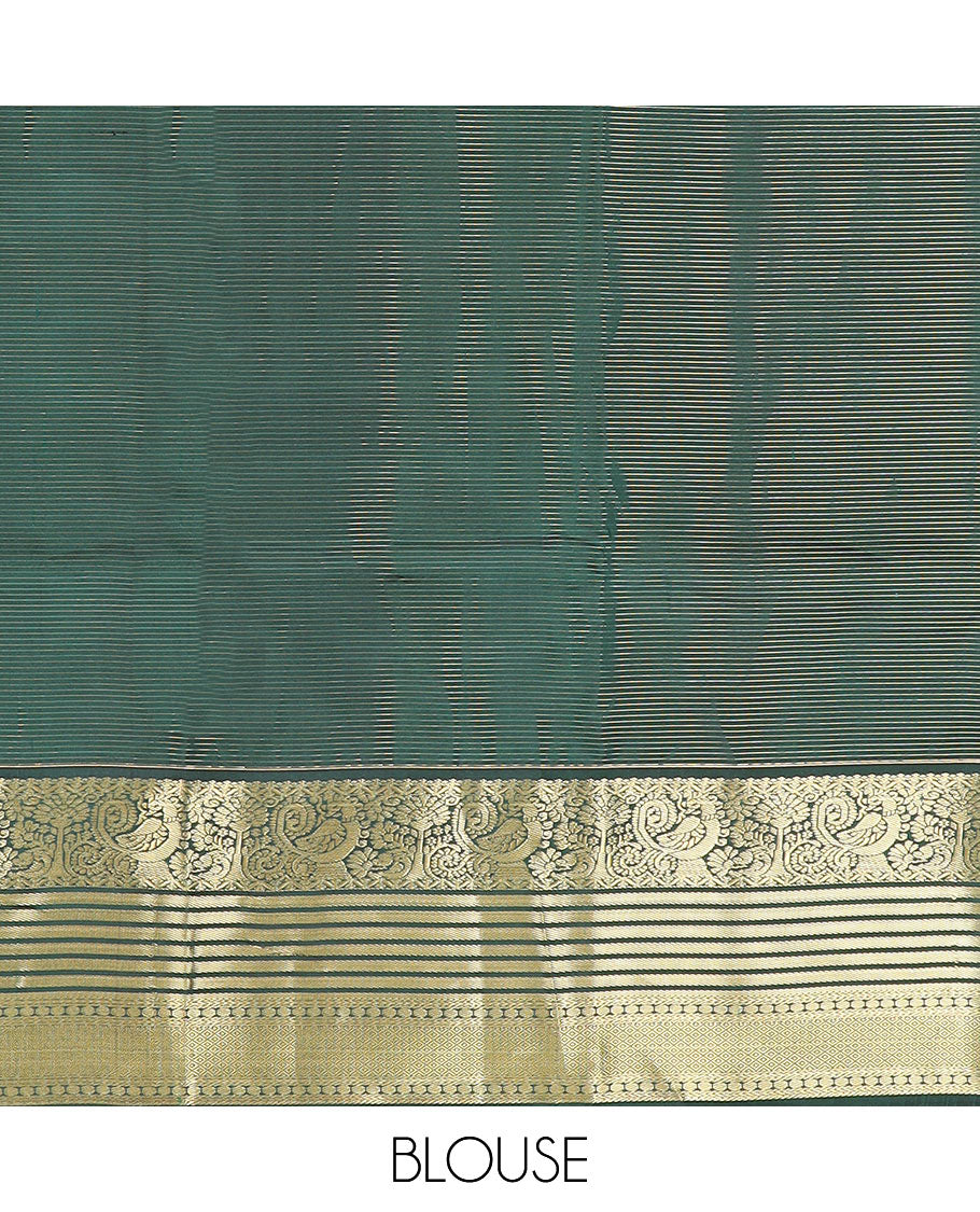 Pink Vasundhara Silk Saree Embellished with Zari Buttas and Stripes, Complemented by a Contrast Border of Rekku, Banaras, and Mayil Kann Designs, Pallu Gleamed Up with Intricate Designs, and Paired with a Contrast Blouse