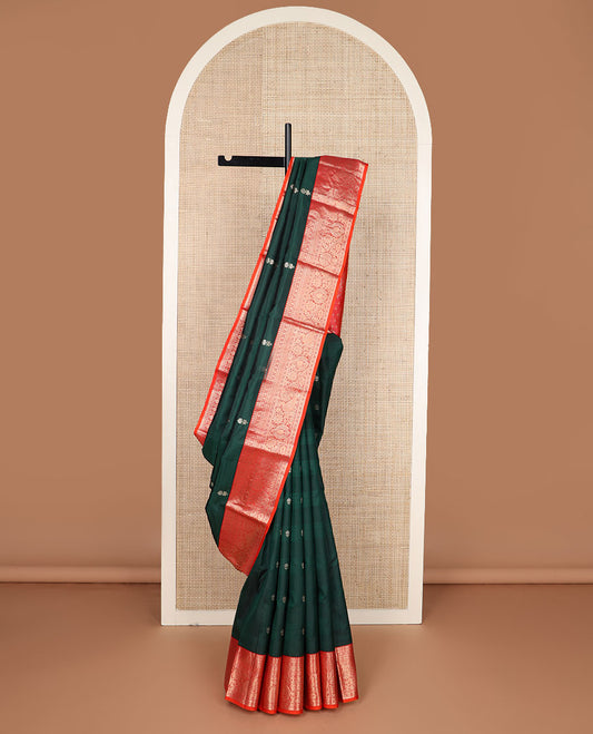 Green zari buttas silk saree, contrast border of poun,kathir,kodi visiry & mayil designs & intricate pallu