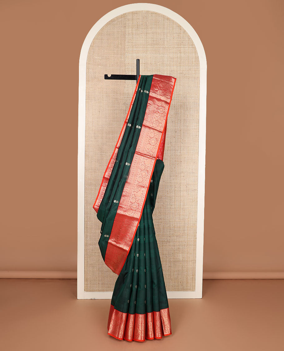 Green zari buttas silk saree, contrast border of poun,kathir,kodi visiry & mayil designs & intricate pallu