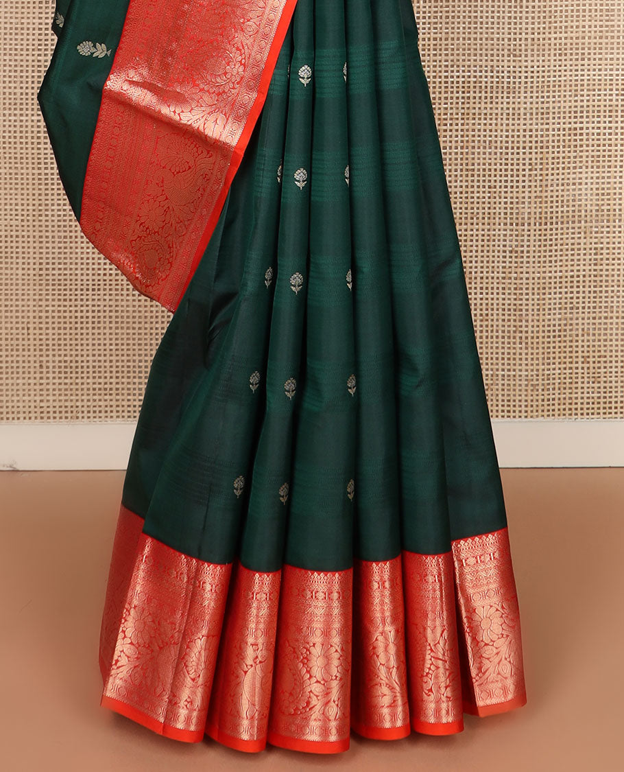 Green zari buttas silk saree, contrast border of poun,kathir,kodi visiry & mayil designs & intricate pallu