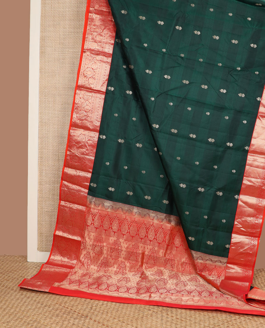 Green zari buttas silk saree, contrast border of poun,kathir,kodi visiry & mayil designs & intricate pallu