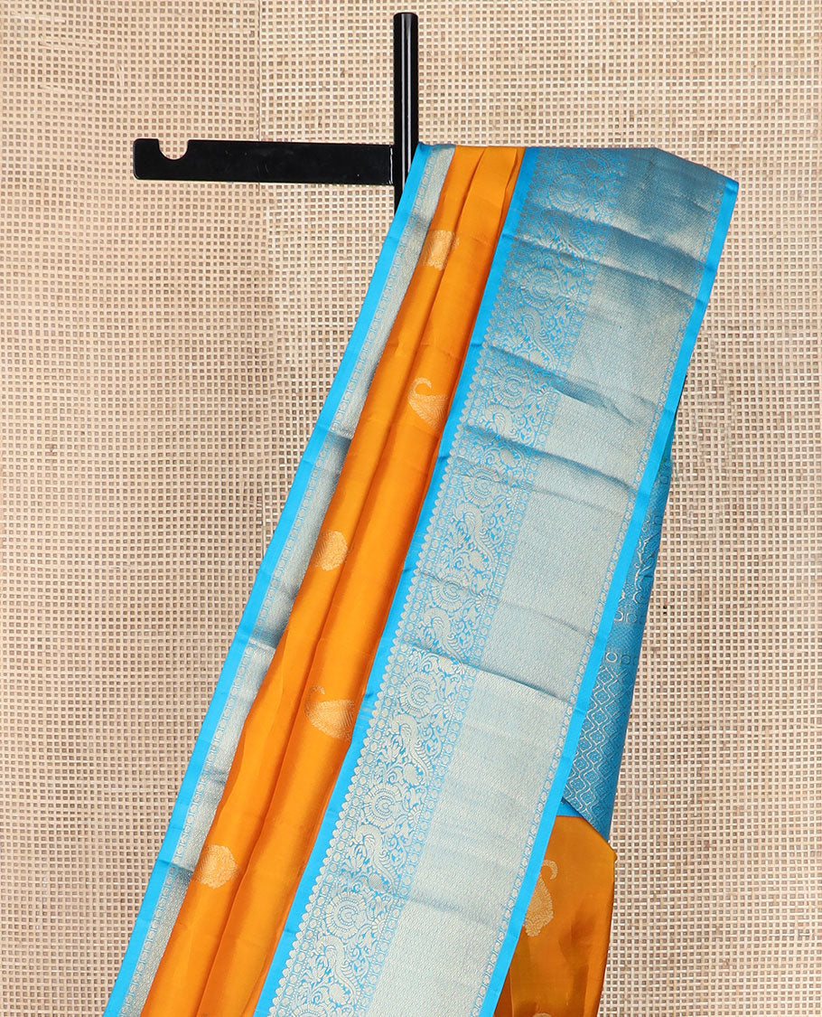 Orange zari buttas silk saree, contrast border of salngai,poun,kili,kamalam & mayil kann & jaal pallu
