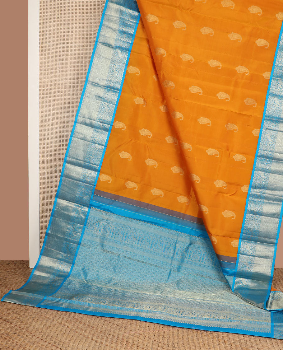 Orange zari buttas silk saree, contrast border of salngai,poun,kili,kamalam & mayil kann & jaal pallu