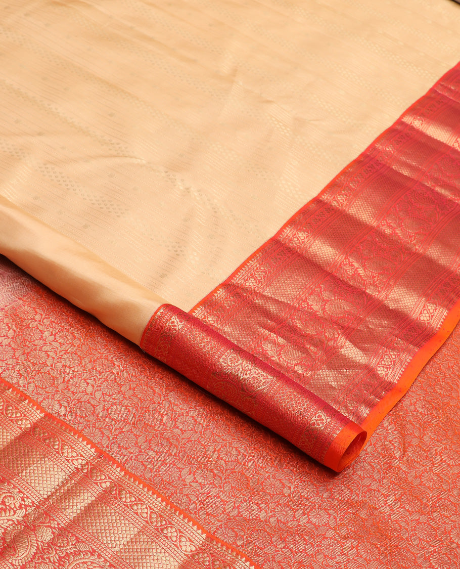 Sandal zari design silk saree, contrast border of rekku, banaras, muthu, kuyil kann, kodi visiry, and paisley designs, and floral jaal pallu