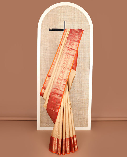 Sandal zari design silk saree, contrast border of rekku, banaras, muthu, kuyil kann, kodi visiry, and paisley designs, and floral jaal pallu