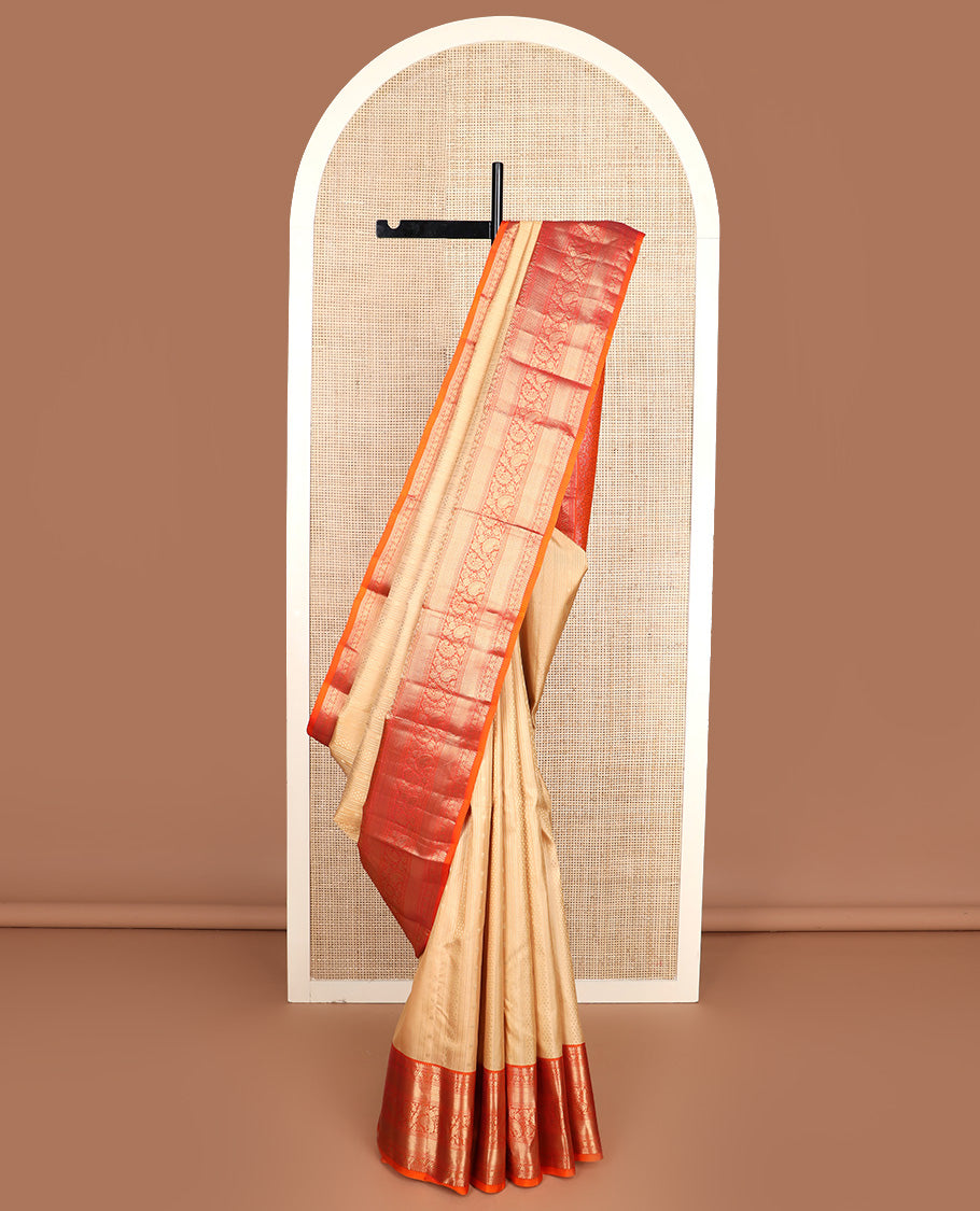 Sandal zari design silk saree, contrast border of rekku, banaras, muthu, kuyil kann, kodi visiry, and paisley designs, and floral jaal pallu