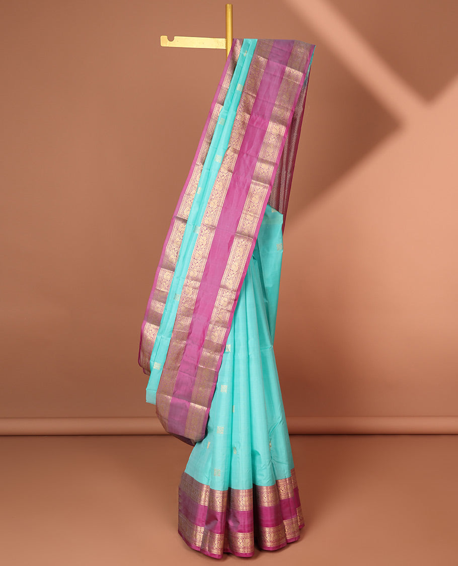 Blue geometric buttas silk saree with contrast rettai pettu brorder of traditional designs & intricate zari design pallu