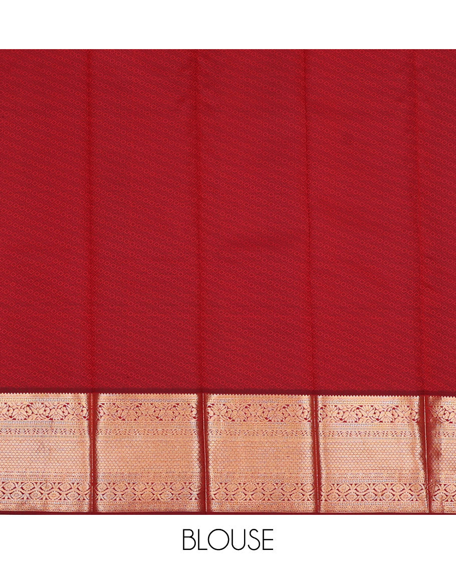 Half-white jacquard with floral meenakari design kanchipuram wedding silk saree, contrast border of thilakam, kodi visiry, laddu kamalam, and then kuli kann designs, and jaal pallu