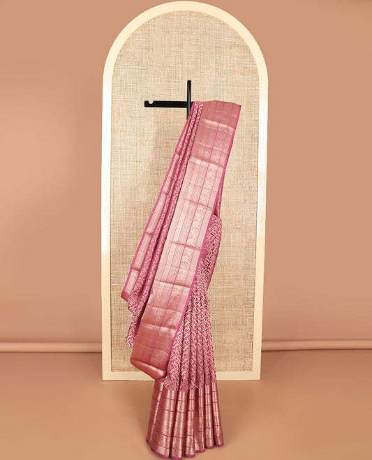 Maroon floral design kancheepuram silk saree with self border of rekku, muthu, banaras, mayil, yanai design & zari design pallu