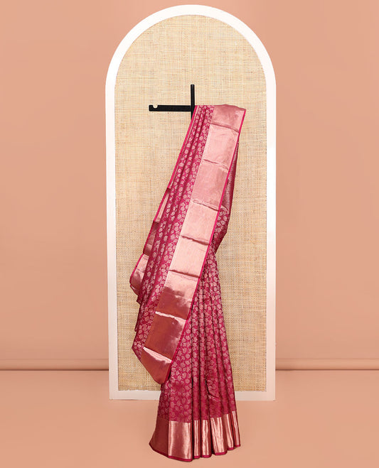 Wine Kanchipuram Wedding Silk Saree, Gleamed Up with Floral Buttas on Its Body, Highlighted by a Zari Border, Pallu of Geometric Designs, and Paired with a Matching Blouse