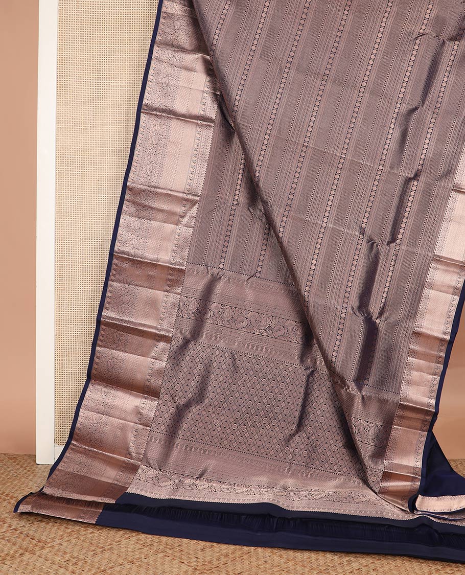 Blue jacquard Kanchipuram wedding silk saree, zari border of thilakam mokku, chakram, kathir, manga, kuyil kann, jaal, and manga designs, and jaal pallu