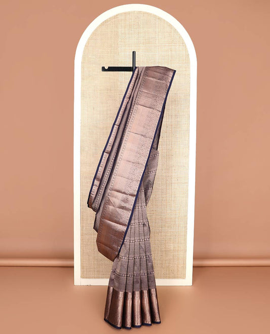 Blue jacquard Kanchipuram wedding silk saree, zari border of thilakam mokku, chakram, kathir, manga, kuyil kann, jaal, and manga designs, and jaal pallu