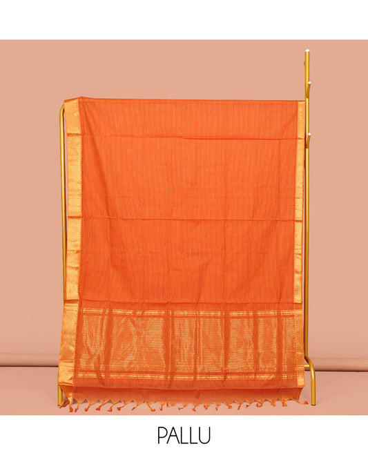 Orange Sparsely Striped Mangalgiri Cotton Saree, Highlighted by a Zari Border, Gleaming Zari-Striped Pallu, and Paired with a Matching Blouse
