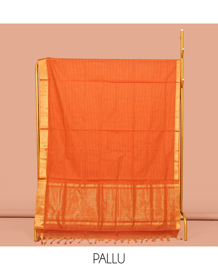 Orange Sparsely Striped Mangalgiri Cotton Saree, Highlighted by a Zari Border, Gleaming Zari-Striped Pallu, and Paired with a Matching Blouse