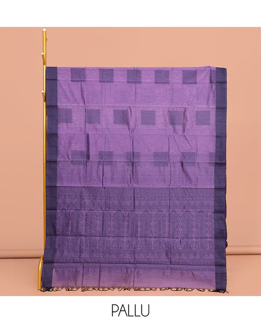 Lavender Semi-Silk Cotton Saree, Delicately Designed with Square Buttas All Over Its Body, Contrast Traditional Design Border, Intricately Designed Pallu, and Paired with a Matching Blouse