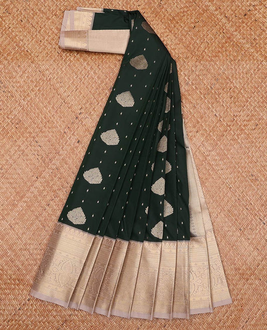 Deep green zari buttas gift saree, contrast traditional zari border, and jaal pallu