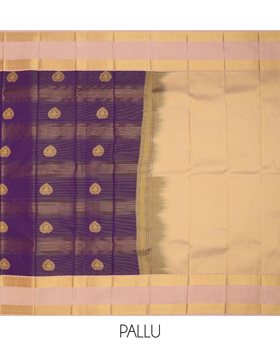 Violet striped and zari buttas gift saree, contrast traditional zari design rettai pettu border, and jaal pallu