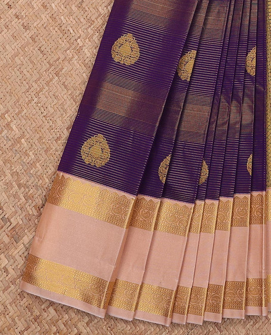 Violet striped and zari buttas gift saree, contrast traditional zari design rettai pettu border, and jaal pallu