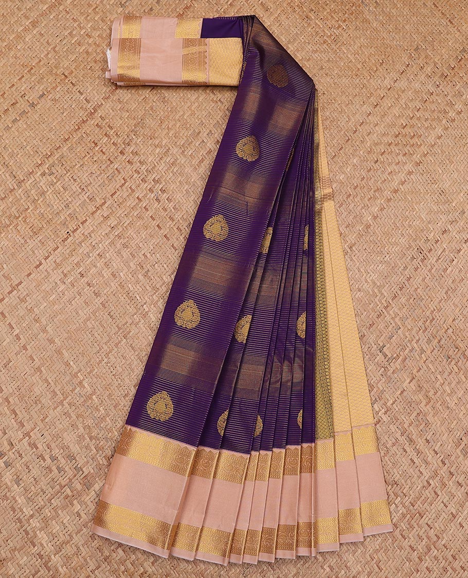 Violet striped and zari buttas gift saree, contrast traditional zari design rettai pettu border, and jaal pallu