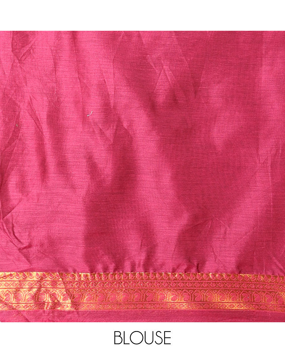 Green art-silk half-saree, plain with contrast temple traditional design bordered skirt, contrast blouse, and plain zari bordered dhavani