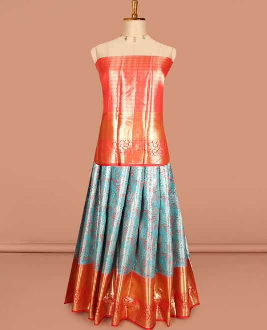 Green floral jacquard art silk half-saree, contrast zari design dhavani, zari border & blouse of traditional designs