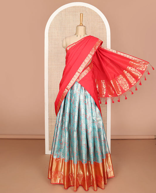 Green floral jacquard art silk half-saree, contrast zari design dhavani, zari border & blouse of traditional designs