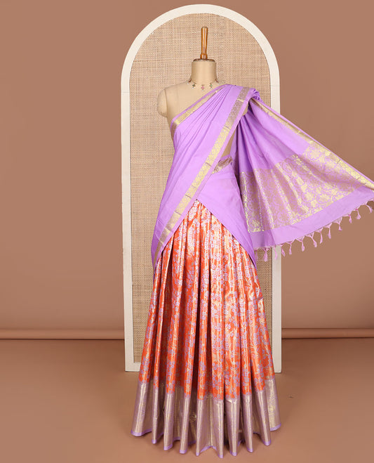Orange art silk saree saree, floral jacquard with contrast traditional zari border skirt, jacquard contrast blouse and floral zari weave dhavani