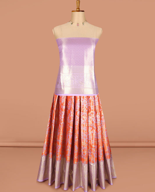 Orange art silk saree saree, floral jacquard with contrast traditional zari border skirt, jacquard contrast blouse and floral zari weave dhavani