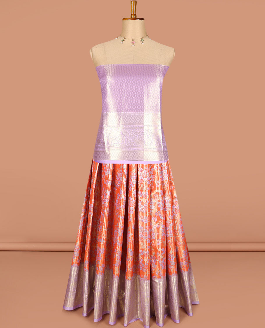 Orange art silk saree saree, floral jacquard with contrast traditional zari border skirt, jacquard contrast blouse and floral zari weave dhavani