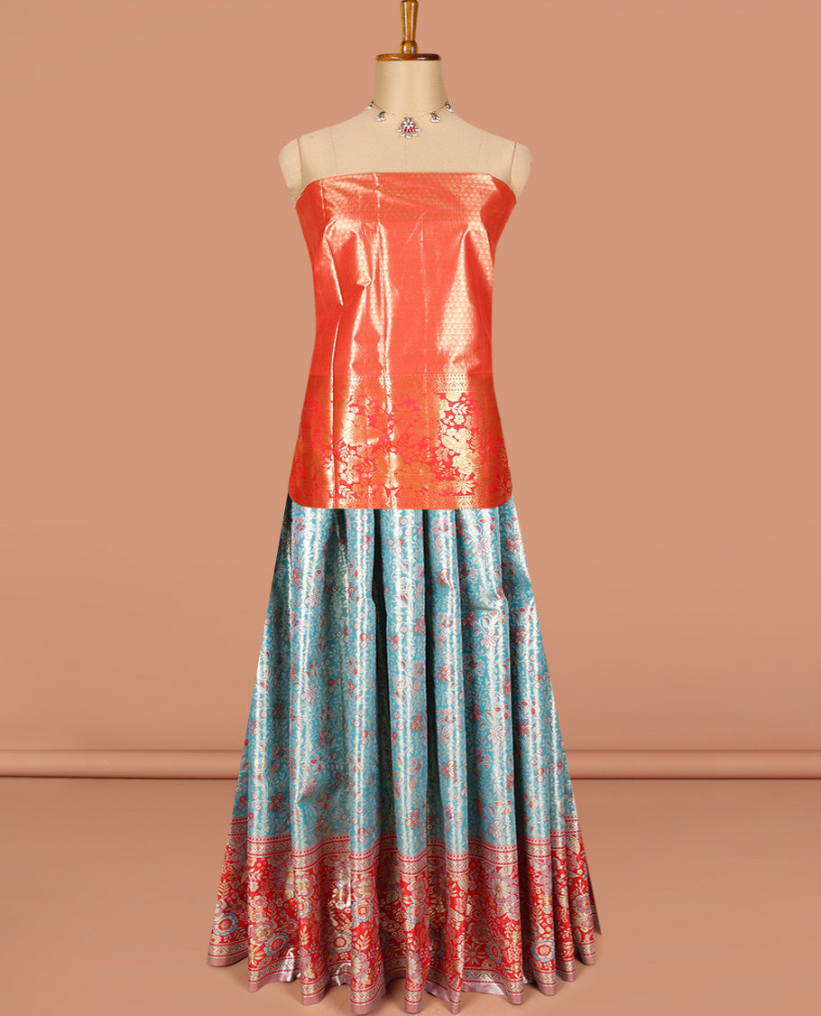 Blue art silk half-saree pavadai material, jacquard with contrast meenakari border skirt, jacquard blouse, and zari design dhavani
