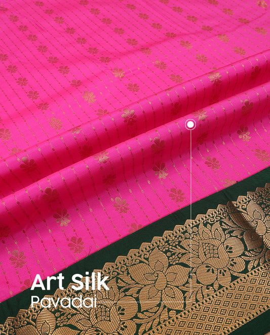 Pink art silk pavadai set, zari design and contrast traditional zari bordered skirt and a contrast zari border blouse