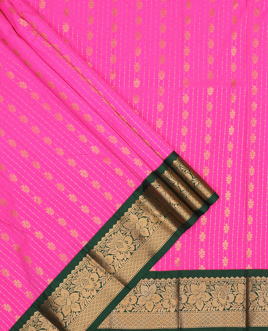 Pink art silk pavadai set, zari design and contrast traditional zari bordered skirt and a contrast zari border blouse
