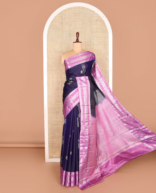 Blue zari buttas budget silk saree, contrast traditional zari design border, and paisley motifs pallu