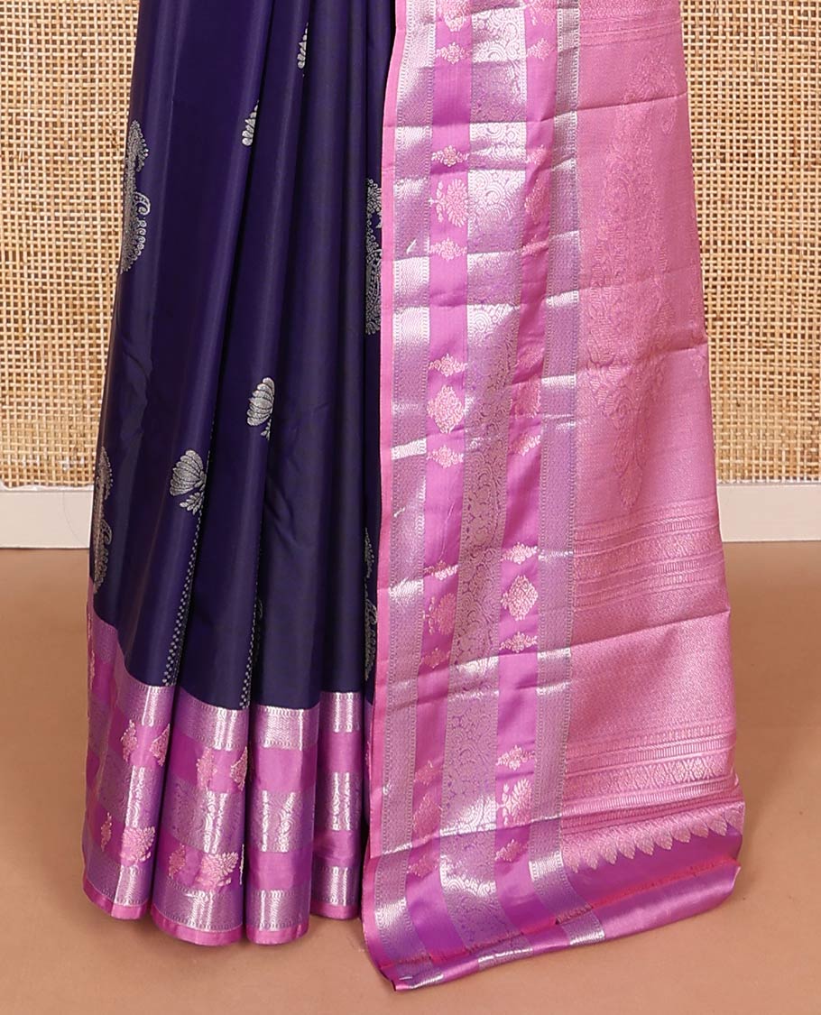 Blue zari buttas budget silk saree, contrast traditional zari design border, and paisley motifs pallu