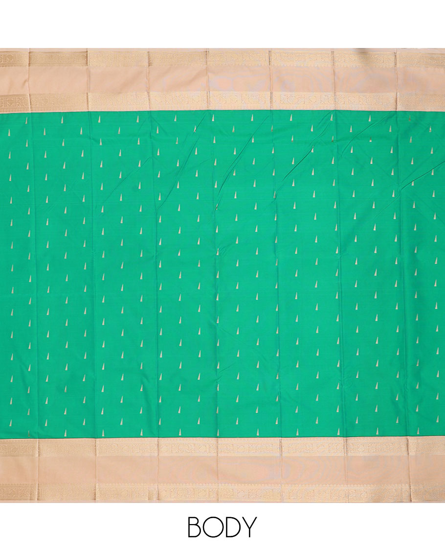 Green zari buttas gift saree, contrast traditional zari design rettai pettu border, and pallu of diagonal designs