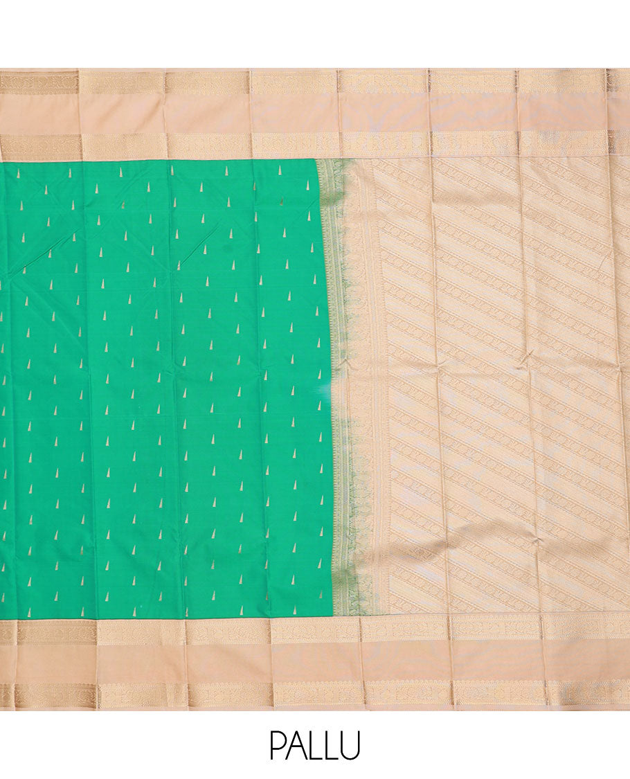 Green zari buttas gift saree, contrast traditional zari design rettai pettu border, and pallu of diagonal designs
