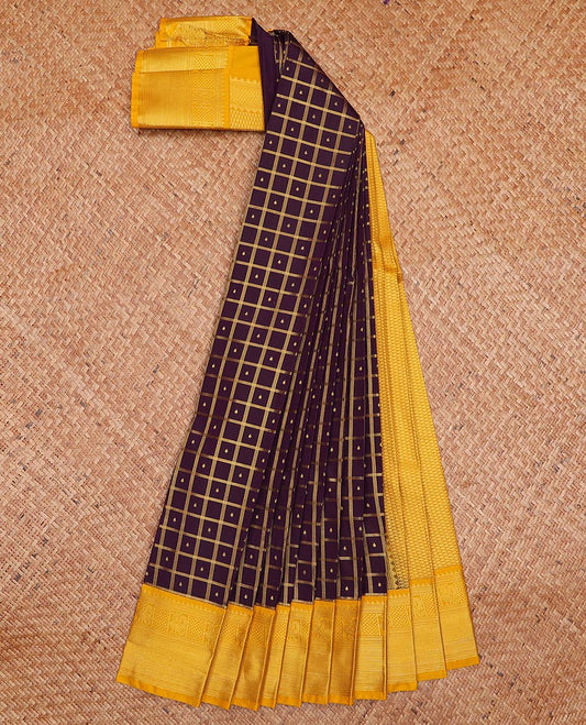 Maroon butta enclosed checked gift saree, contrast traditional zari design border, and jaal pallu