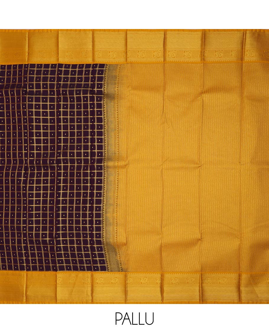 Maroon butta enclosed checked gift saree, contrast traditional zari design border, and jaal pallu