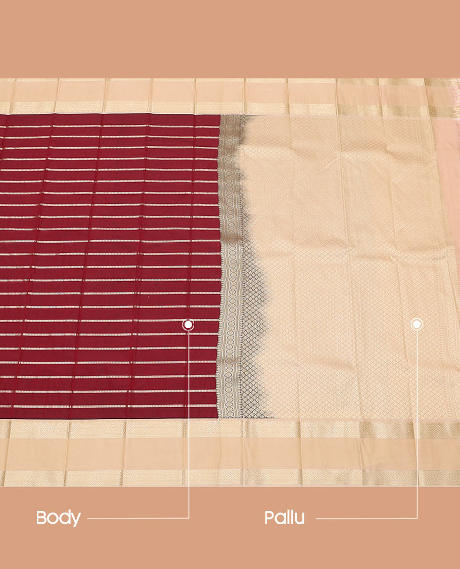 Maroon Budget Silk Saree Delicately Woven with Horizontal Neli Stripes, Trimmed with a Contrast Traditional Zari Motif Rettai Pettu Border, Featuring a Subtly Woven Jaal Pallu, Paired with a Contrast Blouse