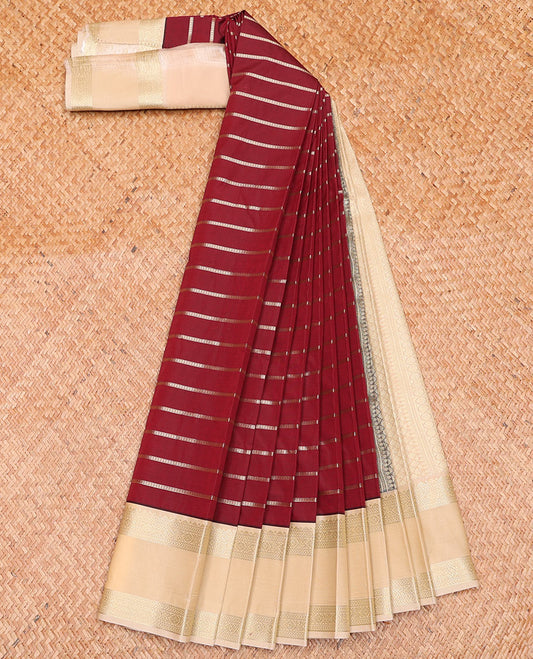 Maroon Budget Silk Saree Delicately Woven with Horizontal Neli Stripes, Trimmed with a Contrast Traditional Zari Motif Rettai Pettu Border, Featuring a Subtly Woven Jaal Pallu, Paired with a Contrast Blouse