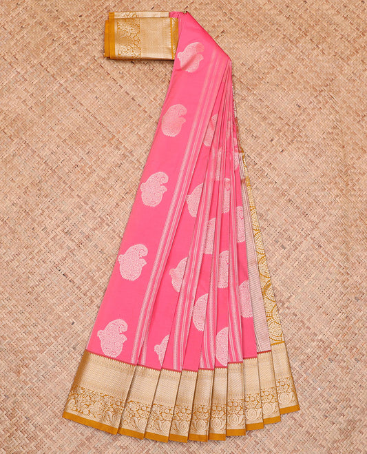 Pink Budget Silk Saree Features Zari Stripes and Paisley Buttas, Complemented by a Contrast Traditional Zari Border, a Scallop-Design Woven Zari Pallu, and a Contrast Zari-Bordered Blouse