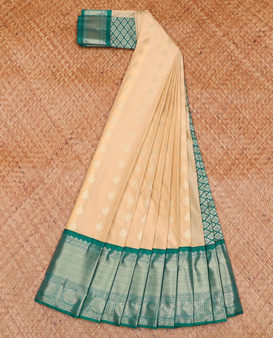 Sandal Budget Silk Saree, Sparsely Woven with Zari Buttas on Its Body, Complemented by a Contrast Traditional Zari Border of Chakram Designs, Grand Jaal Pallu, and Paired with a Contrast Blouse