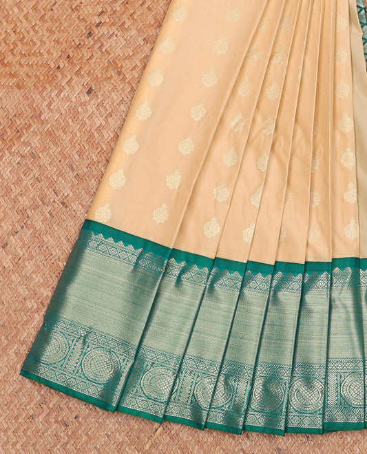 Sandal Budget Silk Saree, Sparsely Woven with Zari Buttas on Its Body, Complemented by a Contrast Traditional Zari Border of Chakram Designs, Grand Jaal Pallu, and Paired with a Contrast Blouse