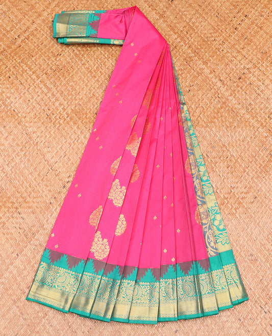 Pink Budget Silk Saree Bedecked with Floral Buttas, Highlighted by a Contrast Temple Peacock Zari Border, Adorned with a Floral-Designed Pallu, and Paired with a Contrast Blouse