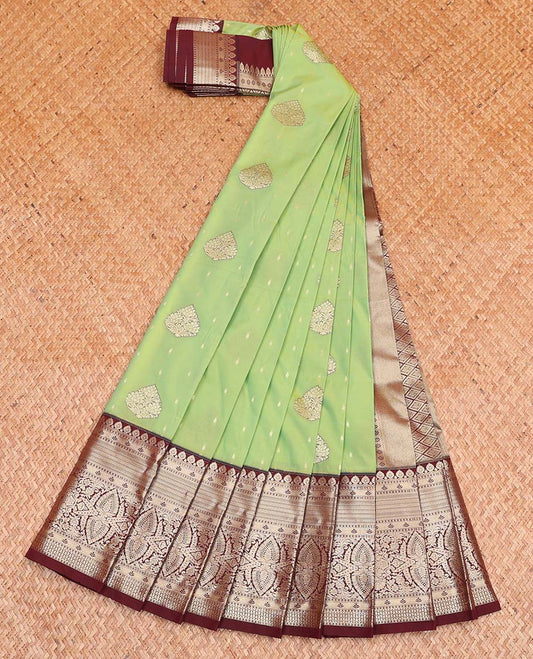 Green Budget Silk Saree, Detailed with Zari Buttas All Over Its Body, Complemented by a Contrast Traditional Zari Design Border, Grand Jaal Pallu, and Paired with a Contrast Blouse