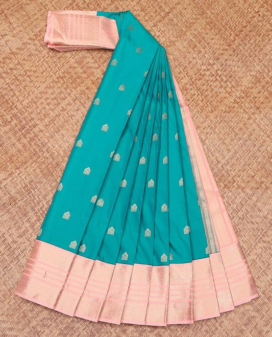 Blue Budget Silk Saree, Accentuated with Zari Butta Enclosed Checked All Over Its Body, Complemented by a Contrast Traditional Zari Design Varisai Pettu Border, Majestically Detailed Pallu, and Paired with a Contrast Blouse