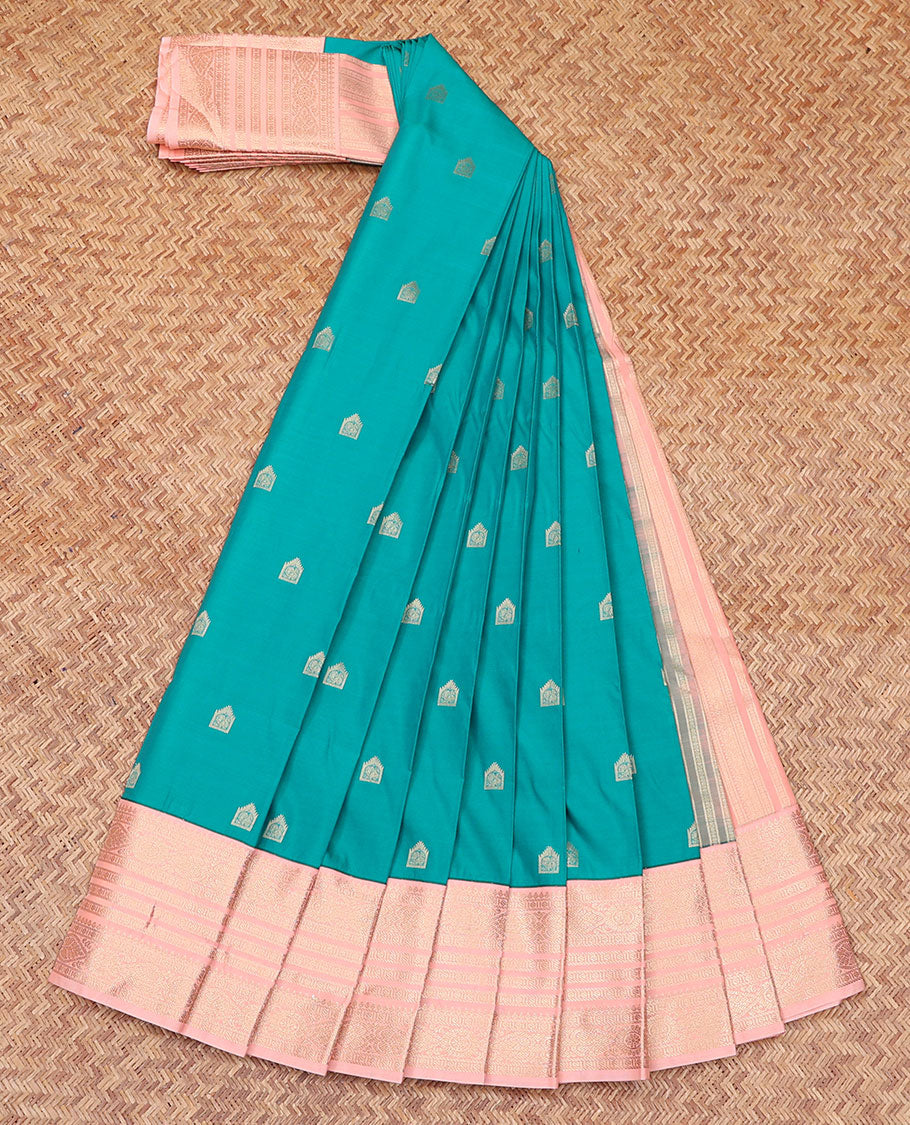 Blue Budget Silk Saree, Accentuated with Zari Butta Enclosed Checked All Over Its Body, Complemented by a Contrast Traditional Zari Design Varisai Pettu Border, Majestically Detailed Pallu, and Paired with a Contrast Blouse